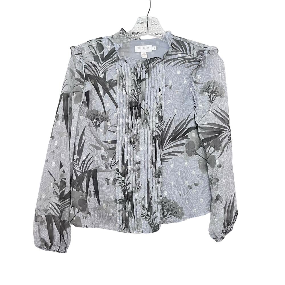 Ted Baker Tibbine Highland Pleated Floral Print Gray Long Sleeve Top Size 0/US 2
